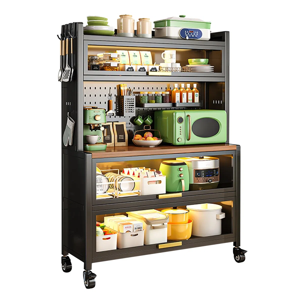 Grande armoire de rangement de cuisine noire – Étagère de four à micro-ondes et bar à café avec portes battantes – Étagère de comptoir pour la maison, le bureau, le garde-manger, le garage