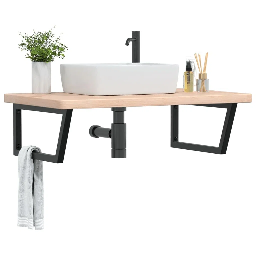 Plateau de lavabo avec support en acier et bois massif chêne - Armoire de cuisine - Armoire de salle de bain - Armoire de cuisine pour salon, toilettes, chambre d'amis, salle de bain