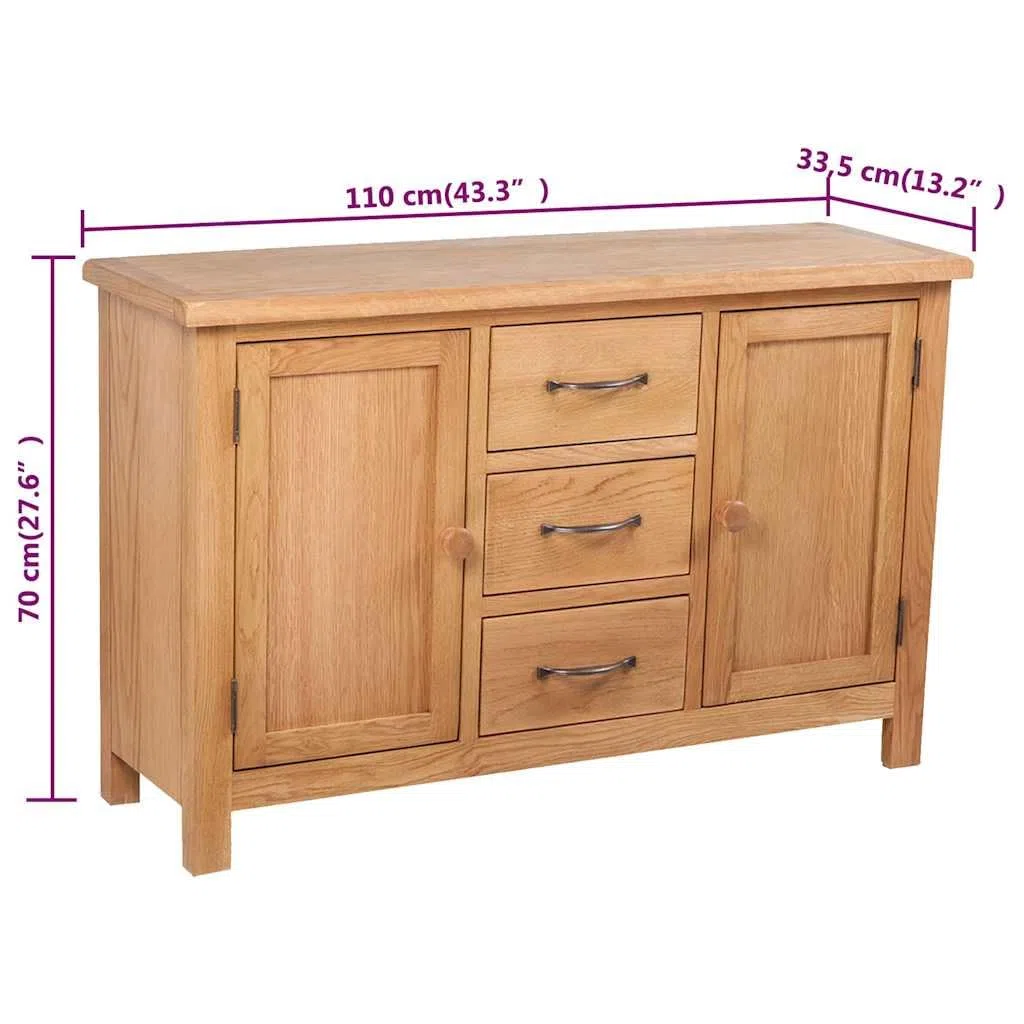 Buffet rustique en chêne massif avec 3 tiroirs et 2 compartiments - 110 x 33,5 x 70 cm - Pour salon, salle à manger, couloir - Montage facile