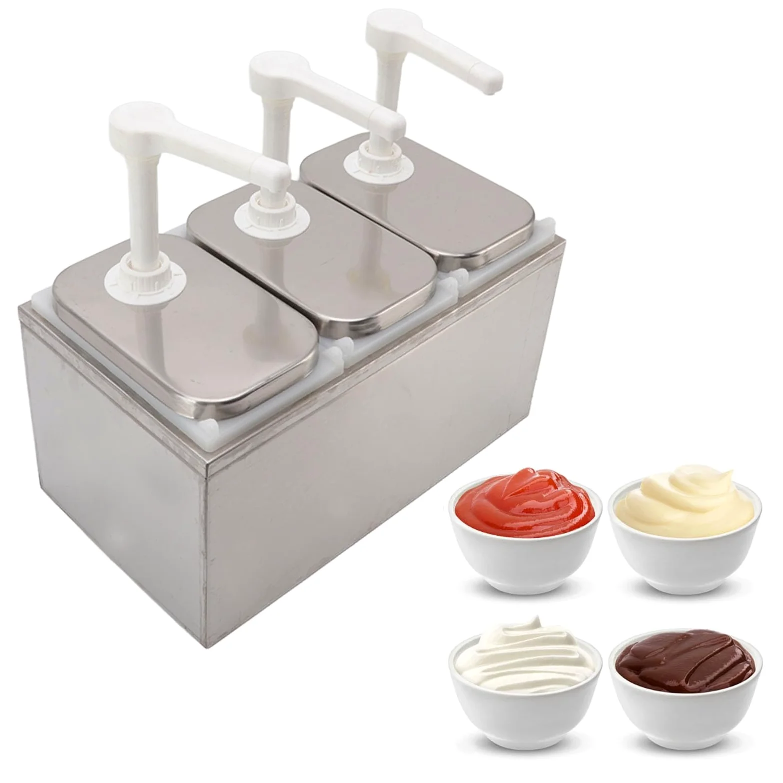 Distributeur de sauce en plastique et acier inoxydable - Station de pompe à épices - Distributeur de sauce pour la cuisine et la maison (pompe triple de 2 l)