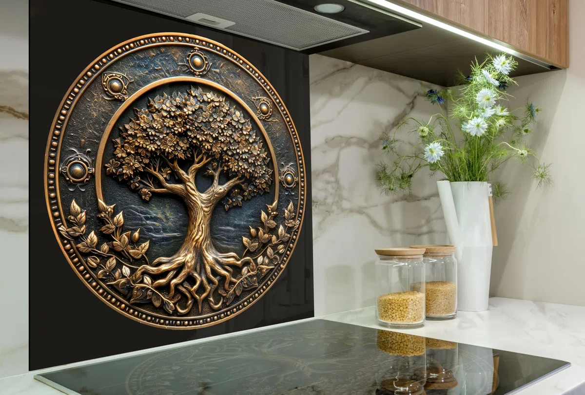 Myphotostation – Dosseret en verre trempé Life of Tree noir de 122 x 61 cm – Crédence en verre trempé pour cuisine, protection murale de cuisinière, planche à découper, panneau mural de cuisinière