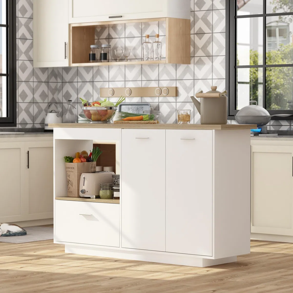 Buffet de Cuisine Blanc et chêne avec Plan de Travail, 150 cm