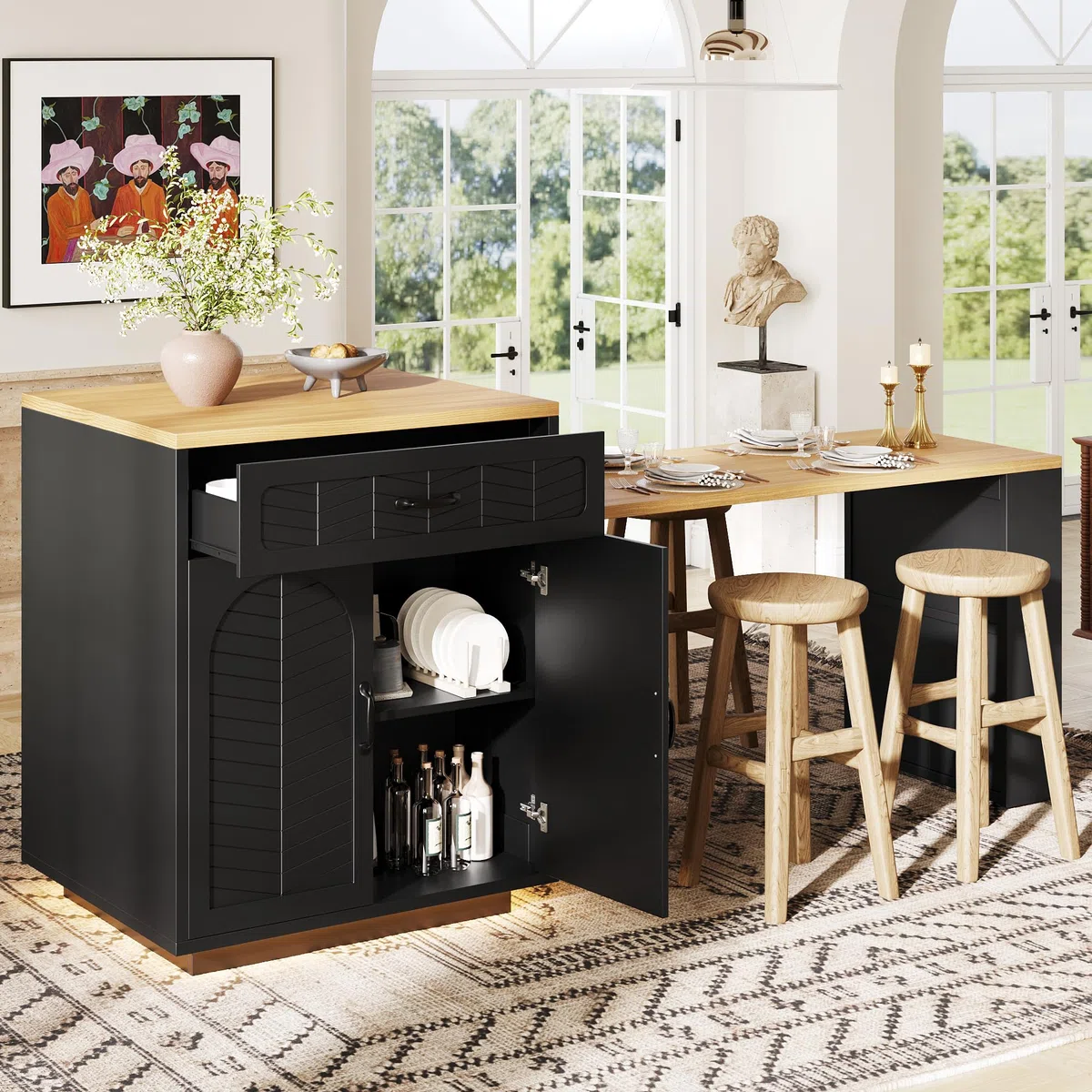 Îlot de Cuisine avec Bande LED – Meuble de Cuisine 80 x 70 x 95,5 cm avec Table Extensible, Chariot de Service Fixe, 2 Tiroirs et 4 Portes, Buffet pour Salon et Bar, Noir/Blanc (Noir + MDF + Métal)