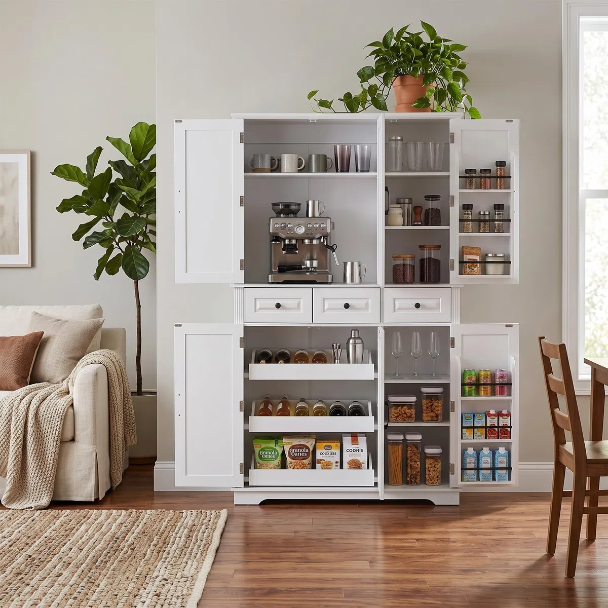 Armoire de rangement autoportante en bois avec 3 plateaux coulissants, 3 tiroirs et 6 étagères réglables pour cuisine et salle à manger 183 cm de haut