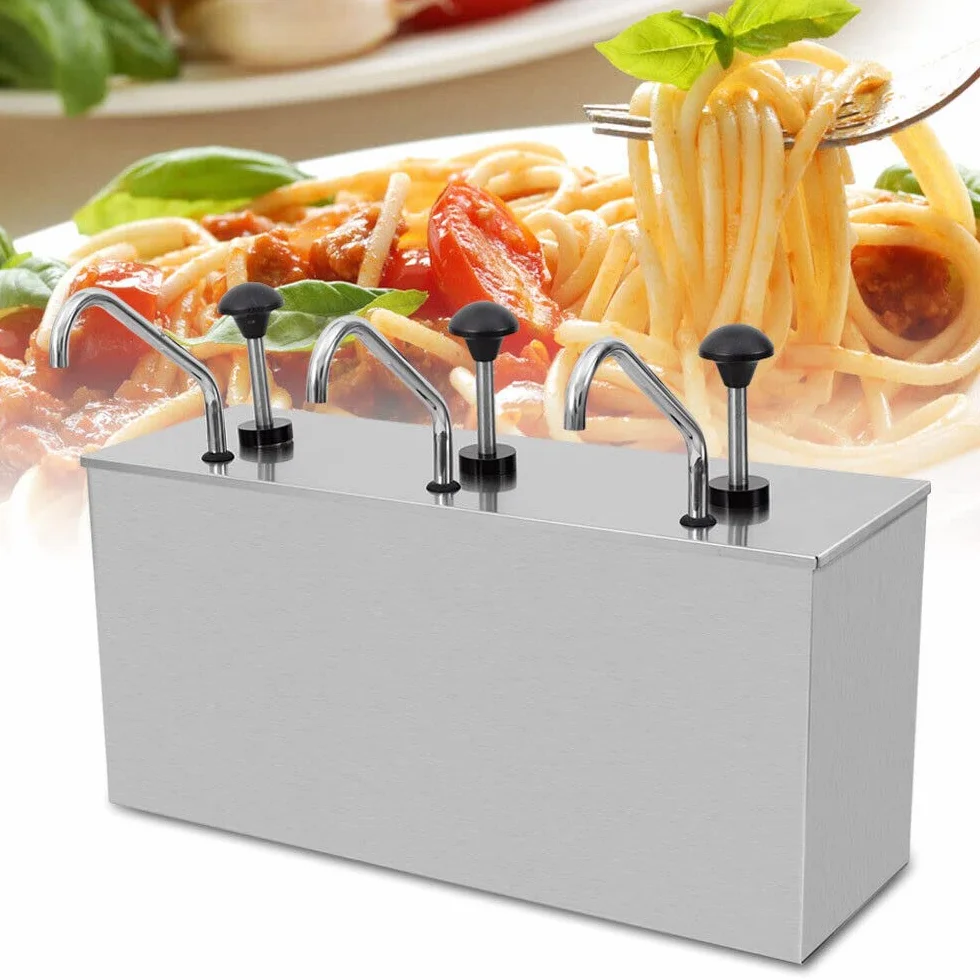 Distributeur de sauce en acier inoxydable - 3 x 4 l - Distributeur à pompe - Distributeur de sauce - Distributeur d'épices - Distributeur de restauration - Ketchup - Pompe à sauce -
