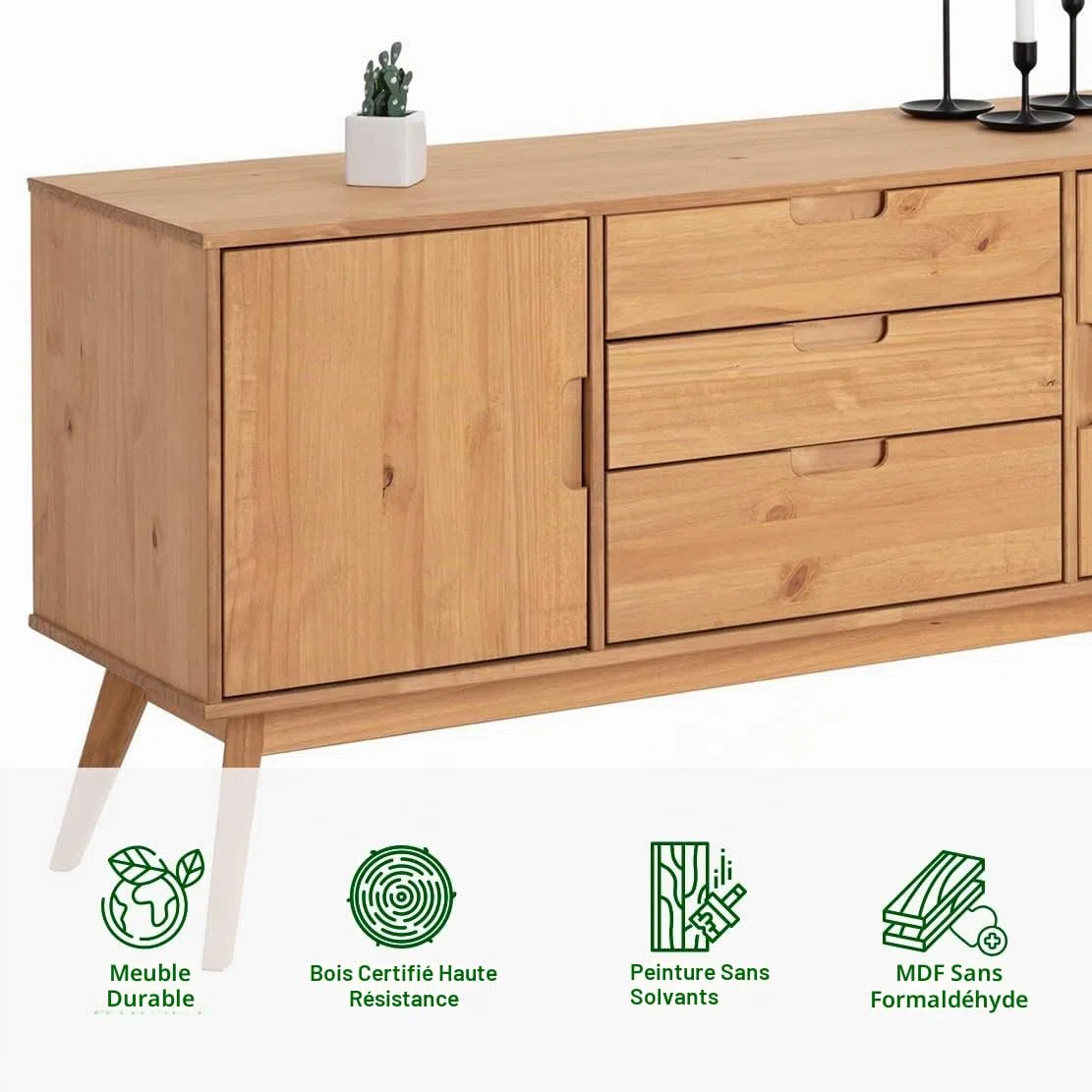 IDIMEX Buffet Salle à Manger Tivoli L 145 cm en Bois Massif Finition Bois Naturel teinté avec 3 tiroirs et 2 Portes battantes, Un Meuble de Rangement Style scandinave, Finition élégante