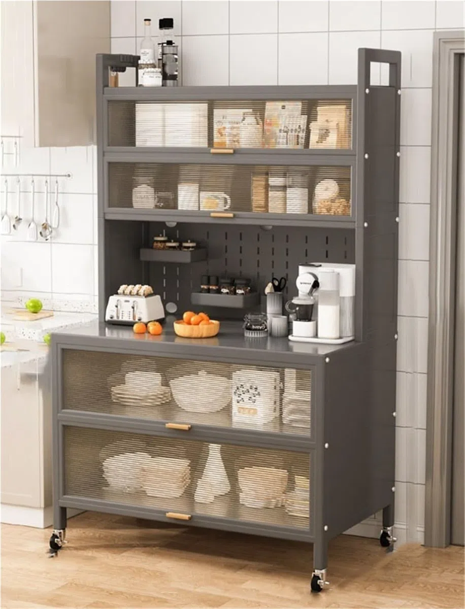 Meuble de rangement de cuisine à 6 niveaux avec porte rabattable et roulettes – Buffet en métal pour cafetières et poêles à micro-ondes – Gris 80 cm – Solution de garde-manger peu encombrante