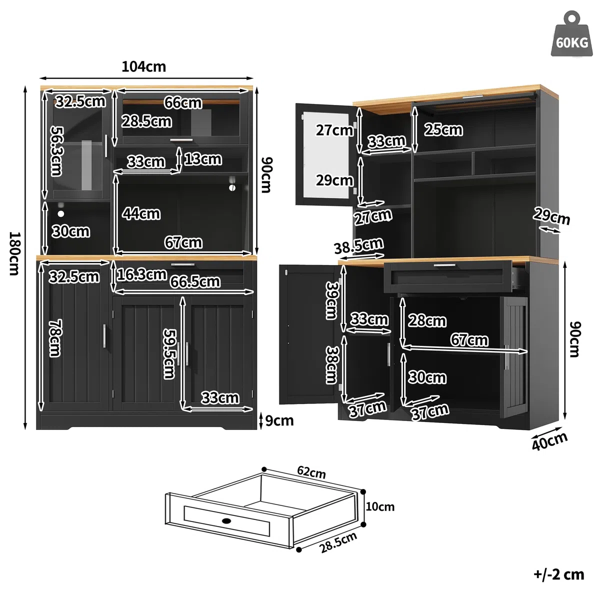 Armoire de cuisine haute avec éclairage LED, 104 x 40 x 180 cm, blanc et noir, vitrine avec portes en verre, pour cuisine, salon