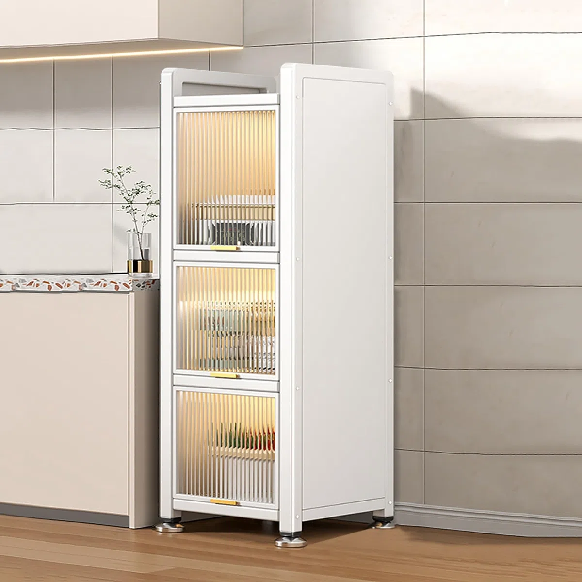 Meuble de rangement de cuisine élégant blanc – Garde-manger compact avec 3 étagères et portes à rabat transparentes (40 x 122 x 36 cm / 15.7x48x14.2in) pour un rangement peu encombrant