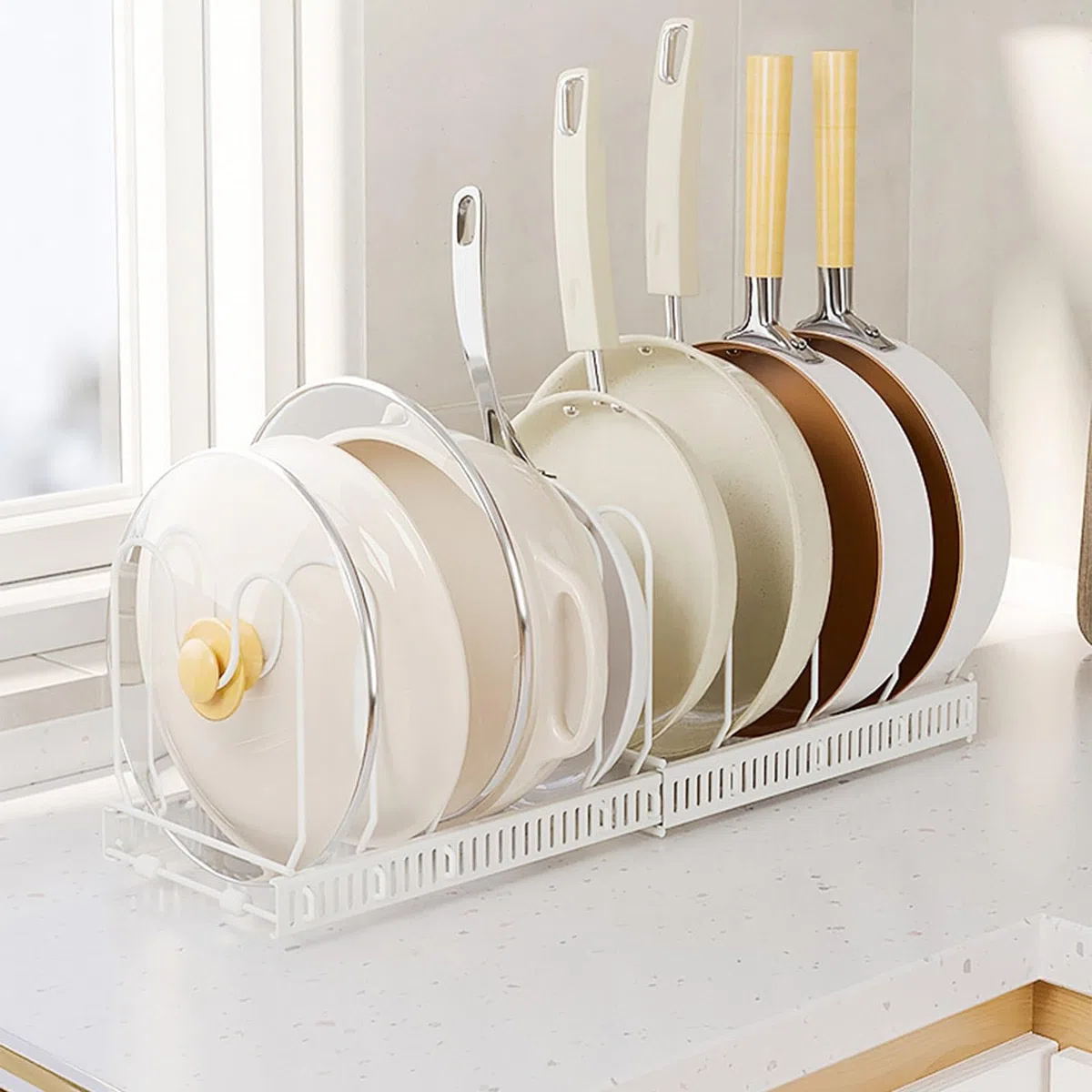 Support Extensible pour organisateurs de casseroles et poêles avec 10 Compartiments réglables, Support de casseroles de Cuisine Peu encombrant pour comptoirs et armoires (Blanc) (Blanc * 10)