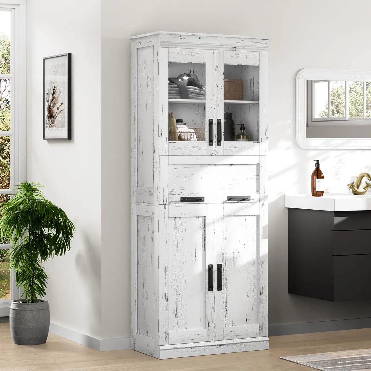 Garvee Armoire Haute Salle de Bain, Colonne, Meuble de Rangement à 4 Portes, Étagères Réglables Et Compartiments Tiroirs pour Cuisine, Salon 60x30x170cm