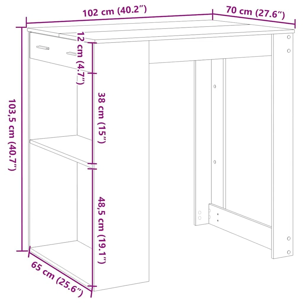 Table de Bar chêne Sonoma en Bois d'ingénierie 102x70x103,5 cm avec tiroir et étagères, Meuble de Rangement pour Cuisine Salon Salle à Manger Espace Convivial