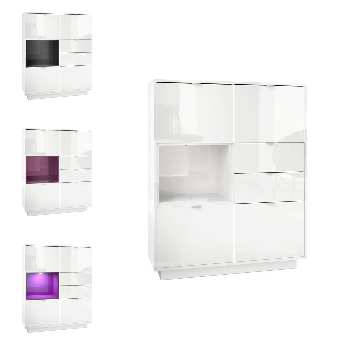 Vladon Buffet Haut Armoire Metro, Corps en Blanc Haute Brillance/Façades en Blanc Haute Brillance avec Une Insertion en Aspect Béton Oxyde, INCL. L'éclairage LED