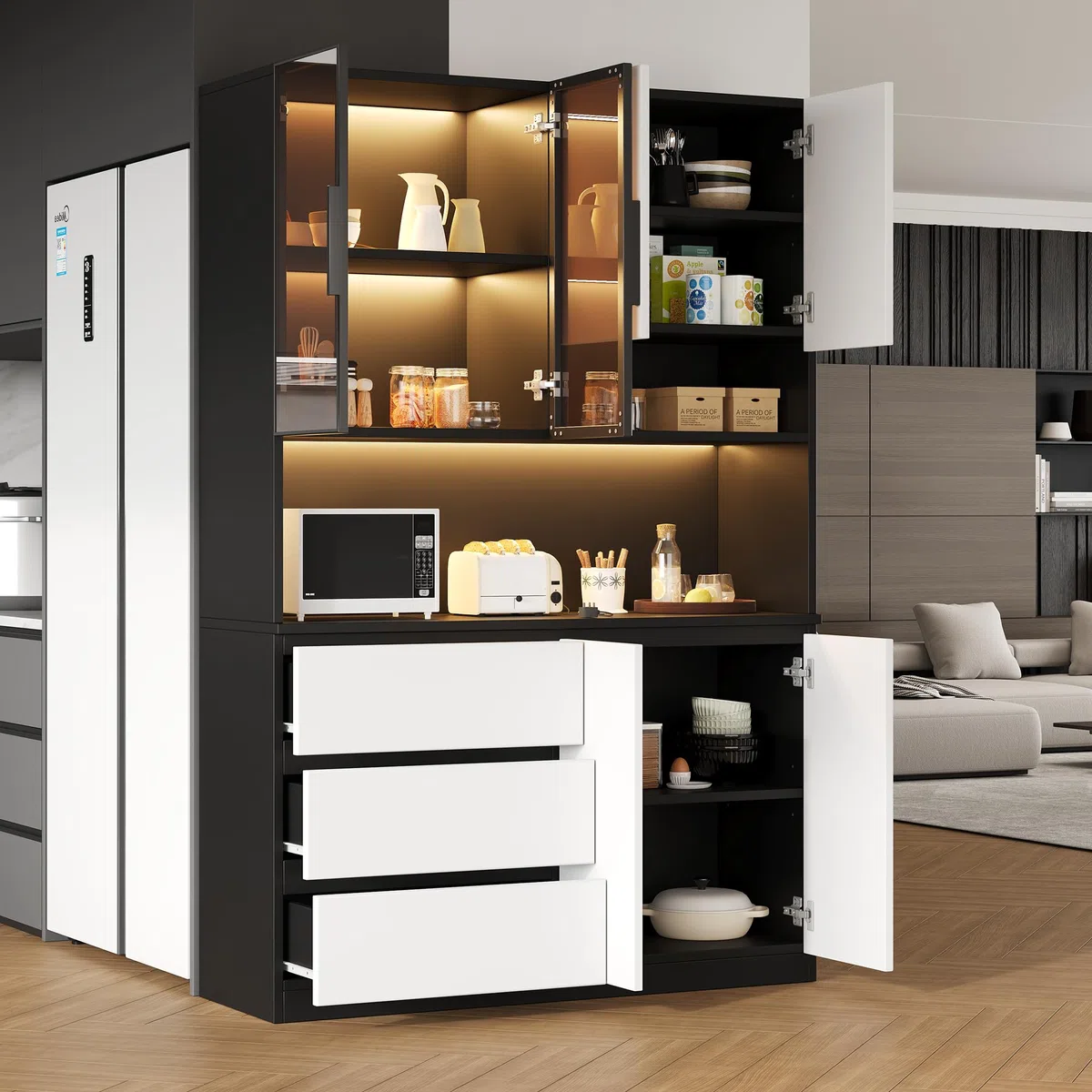 Armoire de cuisine avec éclairage 120,5 × 40 × 180 cm – Vitrine de cuisine avec 3 tiroirs et 6 portes, armoire de cuisine individuelle avec étagères, pour vaisselle et micro-ondes, blanc/noir