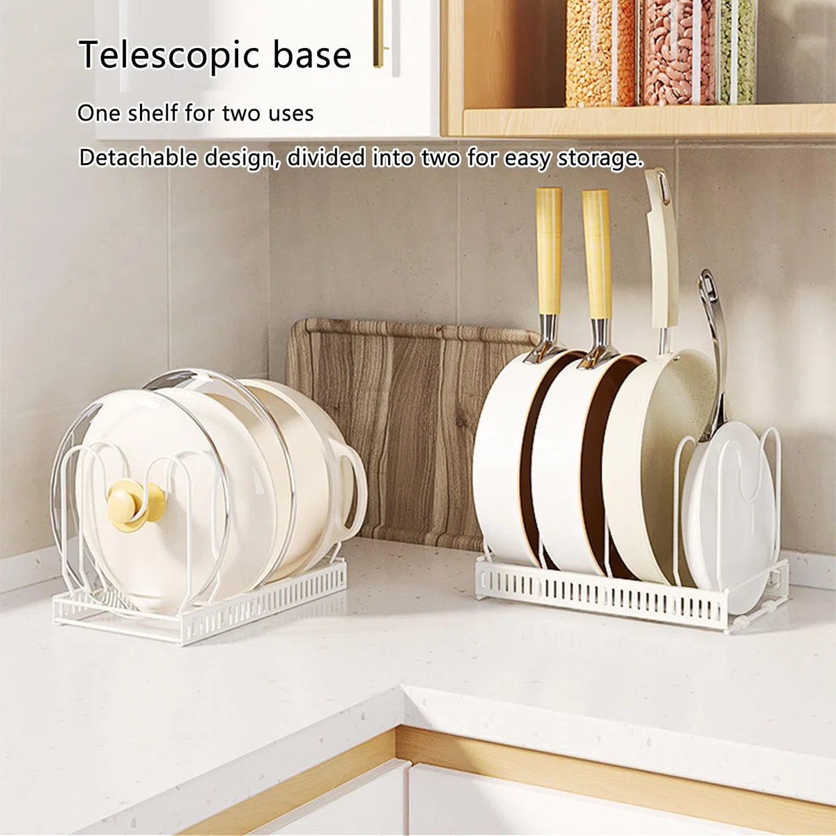 Support Extensible pour organisateurs de casseroles et poêles avec 10 Compartiments réglables, Support de casseroles de Cuisine Peu encombrant pour comptoirs et armoires (Blanc) (Blanc * 10)