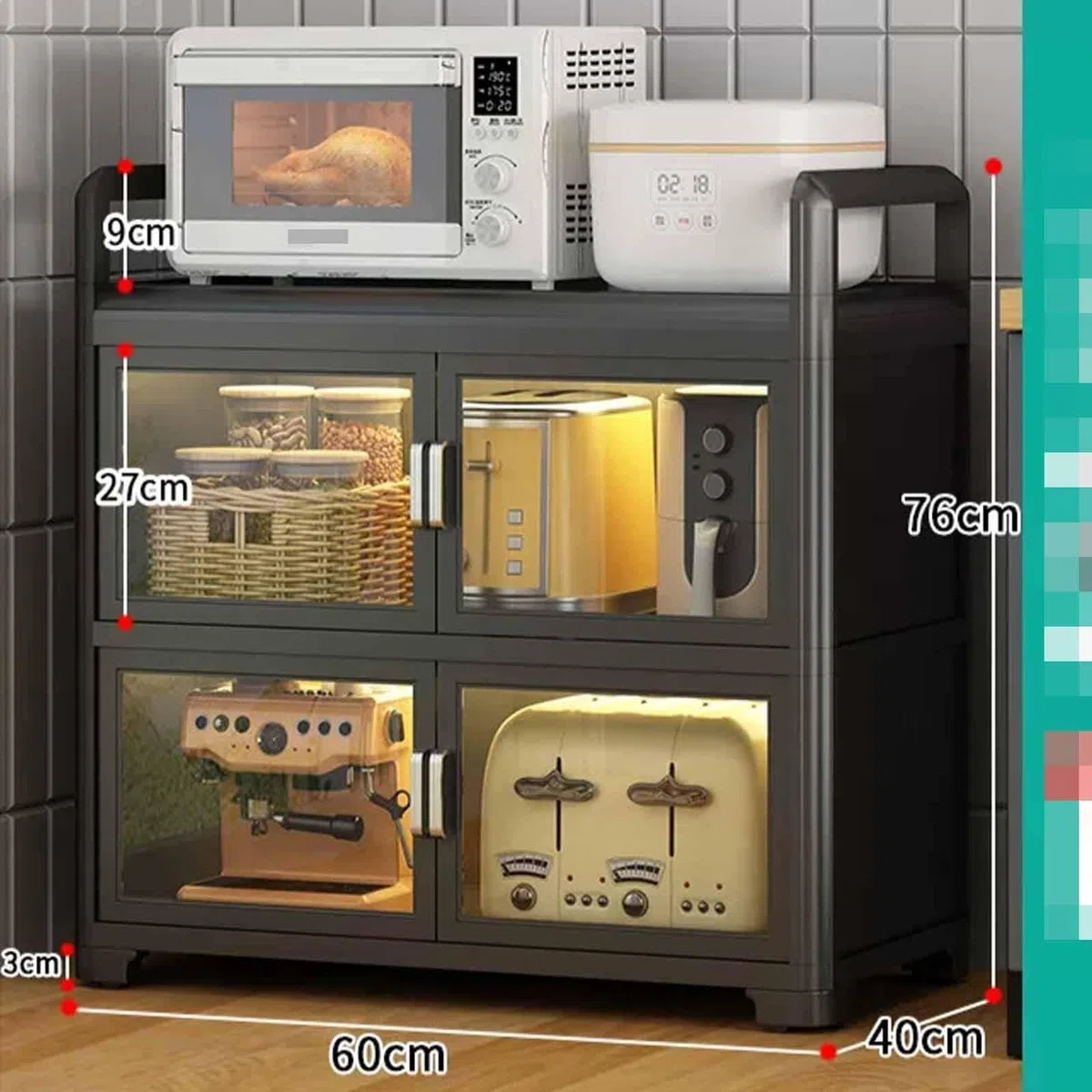 Meuble de Rangement Cuisine avec Portes Vitrées et roulettes, Multi-Niveaux