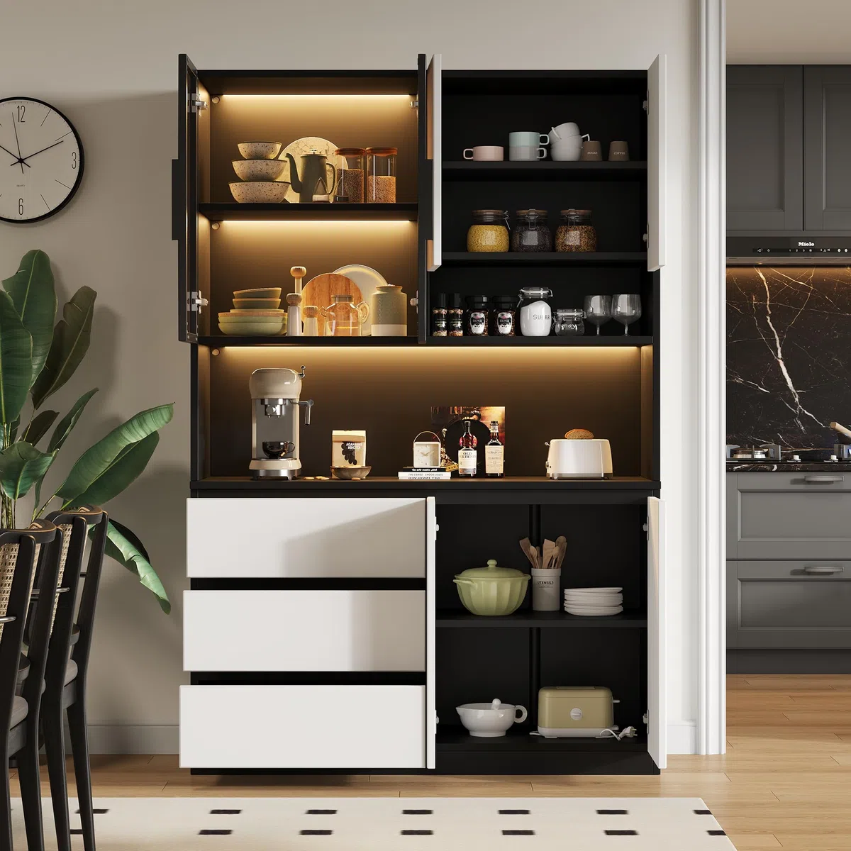 Armoire de cuisine avec éclairage 120,5 × 40 × 180 cm – Vitrine de cuisine avec 3 tiroirs et 6 portes, armoire de cuisine individuelle avec étagères, pour vaisselle et micro-ondes, blanc/noir