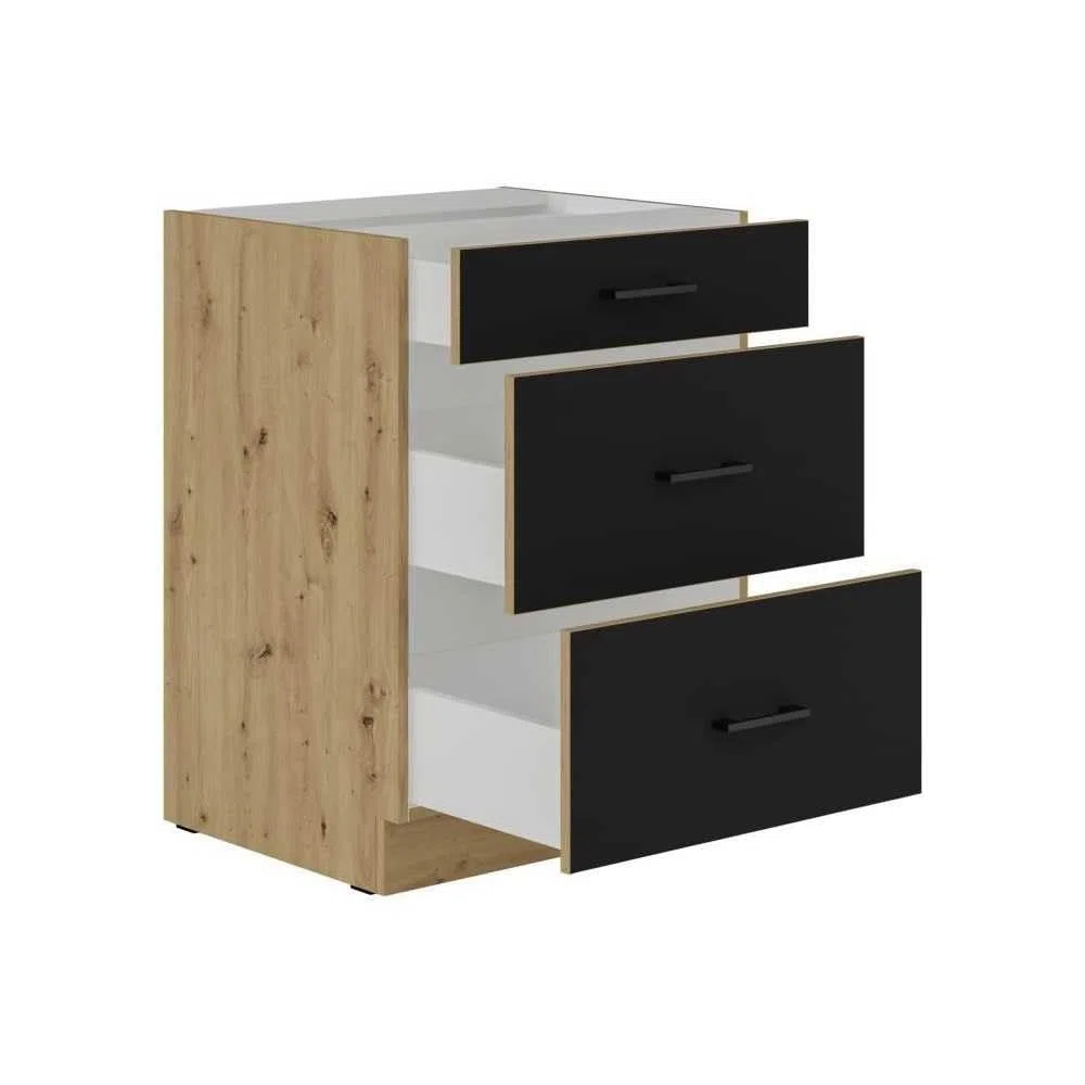 Meuble Bas casserolier - Modena - 60 cm - 3 tiroirs - Chene Artisan et Noir Mat