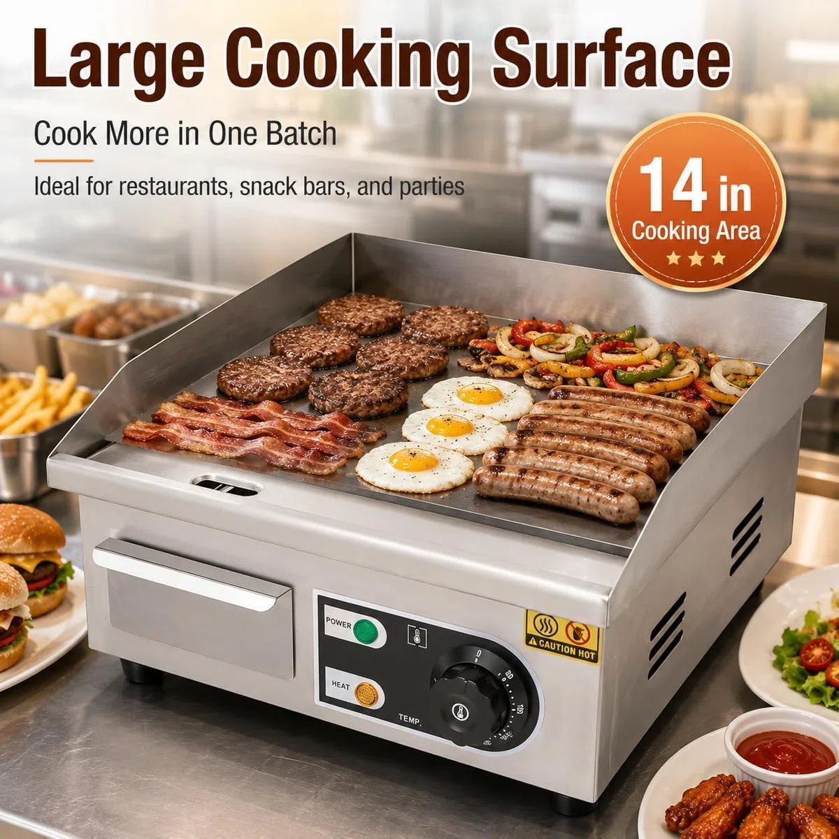 Plaque de cuisson électrique professionnelle, 35,5 cm (14 pouces) en acier inoxydable avec pelle et brosse à huile, plaque de cuisson de comptoir en acier inoxydable restaurants, plage de température
