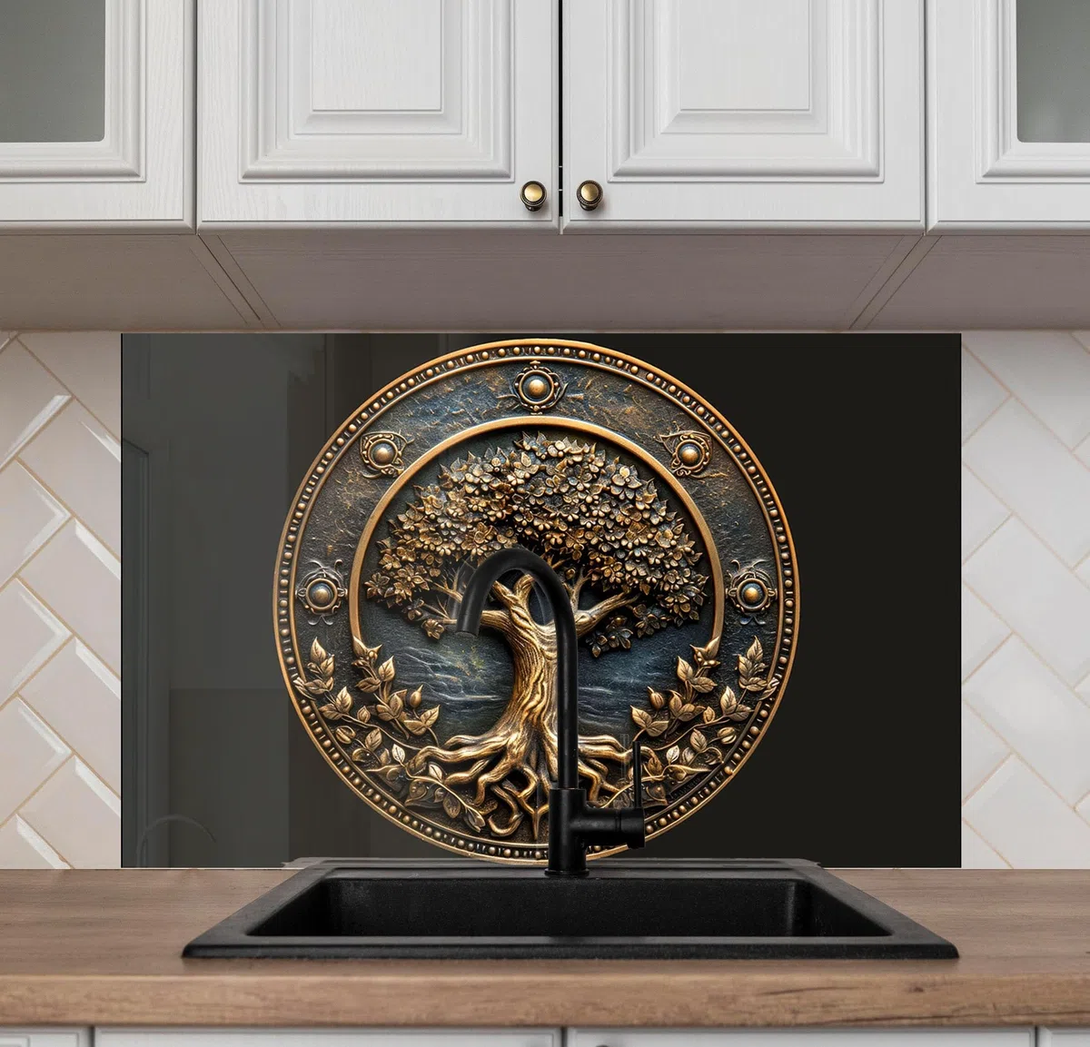 Myphotostation – Dosseret en verre trempé Life of Tree noir de 122 x 61 cm – Crédence en verre trempé pour cuisine, protection murale de cuisinière, planche à découper, panneau mural de cuisinière