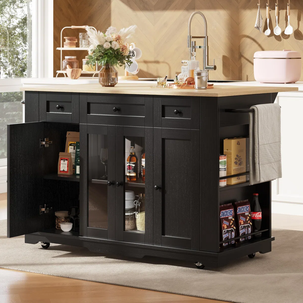 Chariot de cuisine avec roulettes, îlot de cuisine multifonction avec plan de travail, 3 tiroirs, cloisons amovibles, chariot de cuisine avec plan de travail pliable pour cuisine, salle à