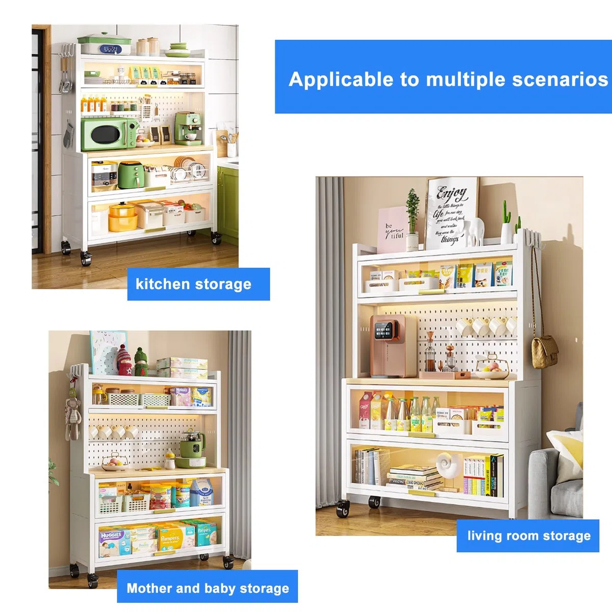 Grande armoire de rangement de cuisine noire – Étagère de four à micro-ondes et bar à café avec portes battantes – Étagère de comptoir pour la maison, le bureau, le garde-manger, le garage