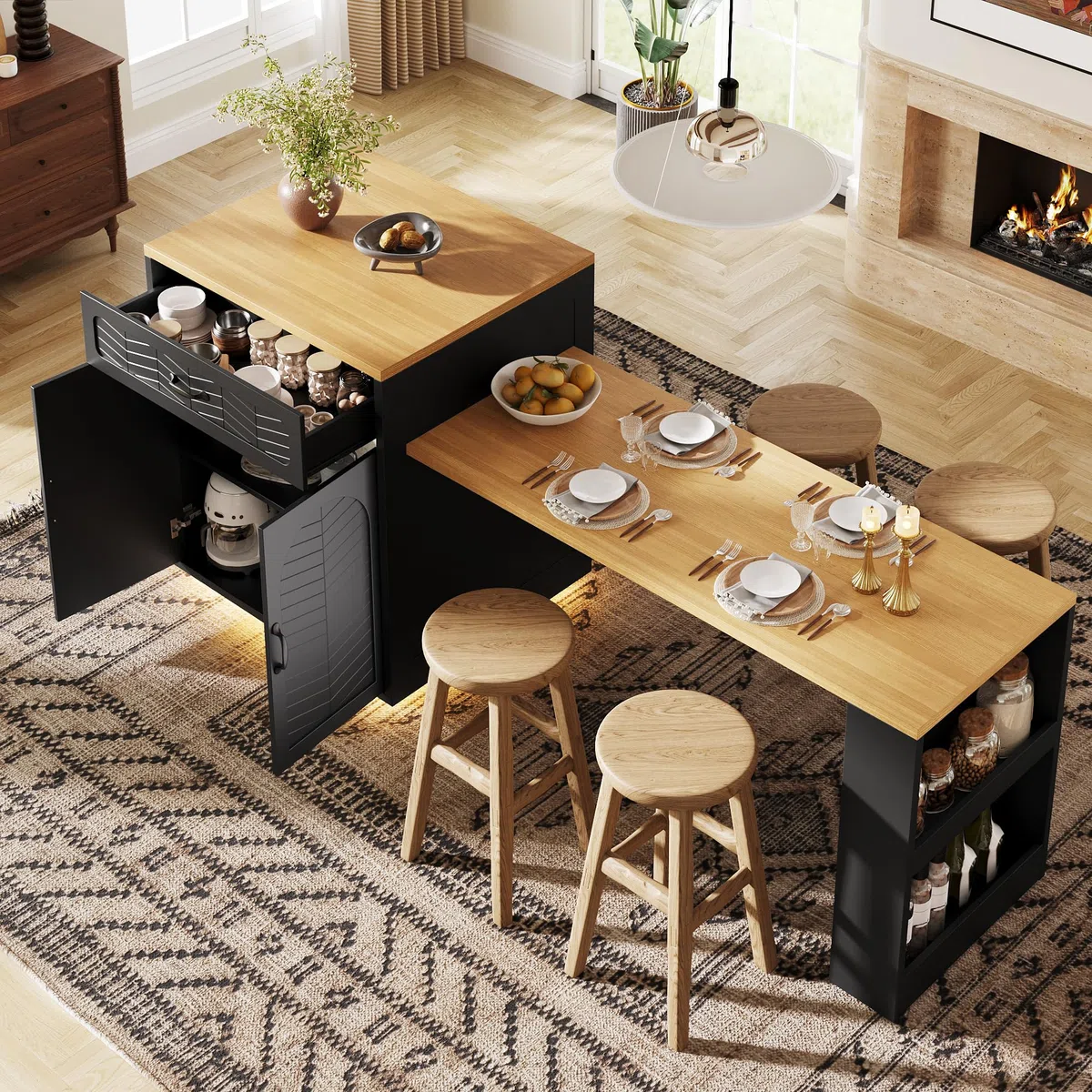 Îlot de Cuisine avec Bande LED – Meuble de Cuisine 80 x 70 x 95,5 cm avec Table Extensible, Chariot de Service Fixe, 2 Tiroirs et 4 Portes, Buffet pour Salon et Bar, Noir/Blanc (Noir + MDF + Métal)