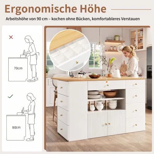 STAPERFO Îlot de cuisine avec tabourets de bar extensibles : armoire de cuisine, blanc, 140 x 40 (70) x 89 cm, buffet avec 6 tiroirs et roulettes, espace de rangement et tabouret comme rangement