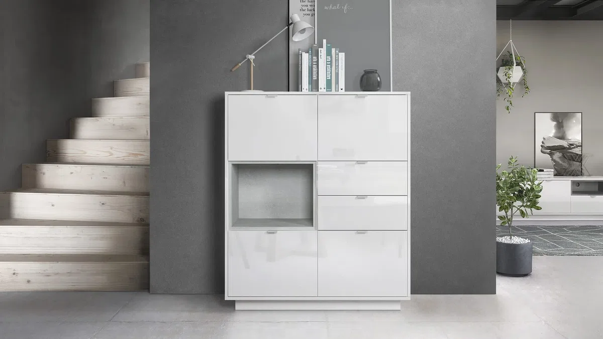 Vladon Buffet Haut Armoire Metro, Corps en Blanc Haute Brillance/Façades en Blanc Haute Brillance avec Une Insertion en Aspect Béton Oxyde, INCL. L'éclairage LED