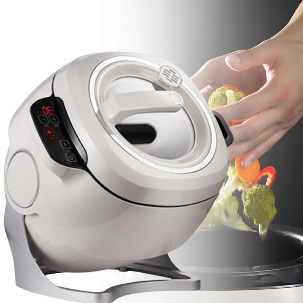 Machine à riz frit, wok de cuisson automatique avec capacité de 6 L, machine à riz frit à tambour rotatif à 360 ° pour faire sauter, cuire à la vapeur et cuisiner