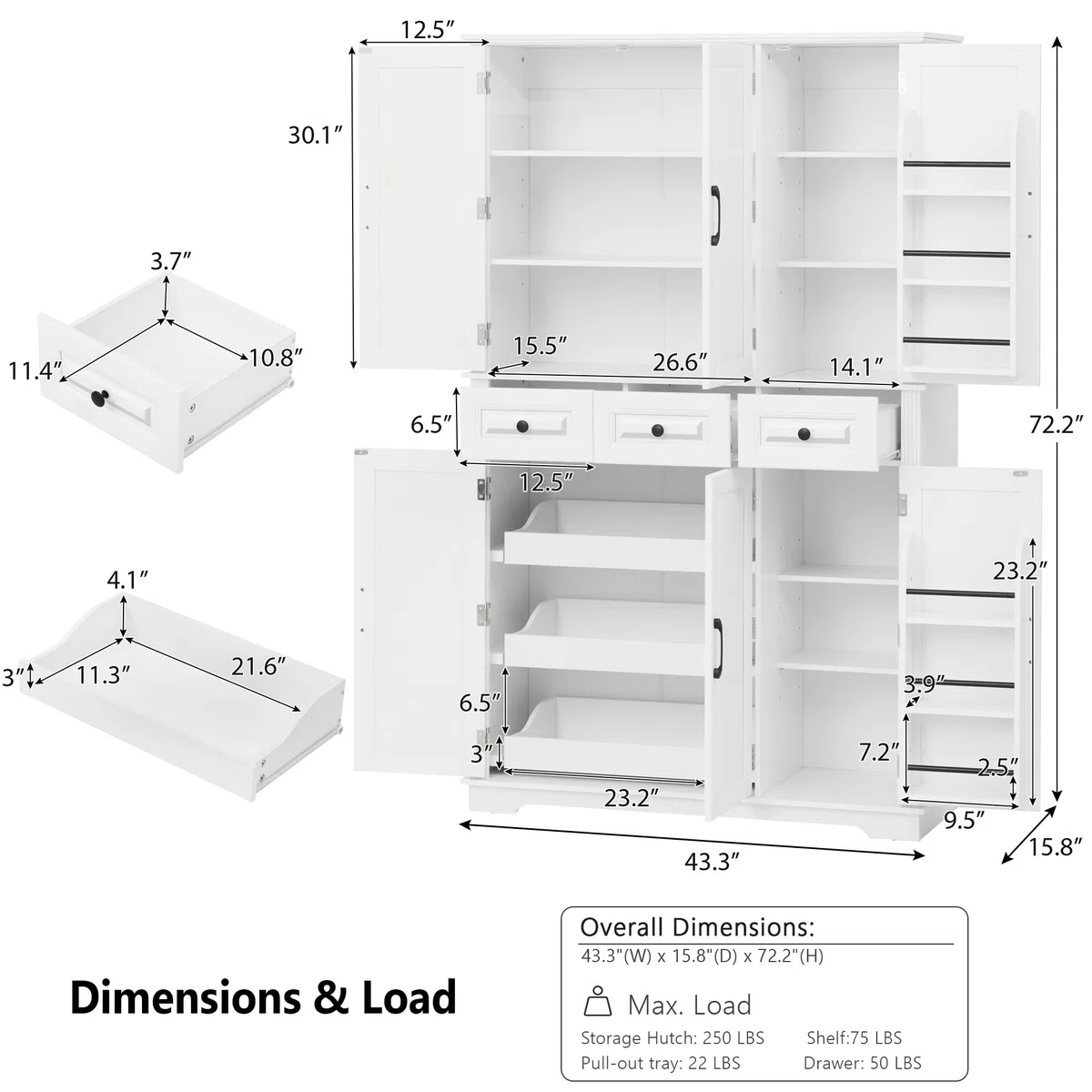 Armoire de rangement autoportante en bois avec 3 plateaux coulissants, 3 tiroirs et 6 étagères réglables pour cuisine et salle à manger 183 cm de haut