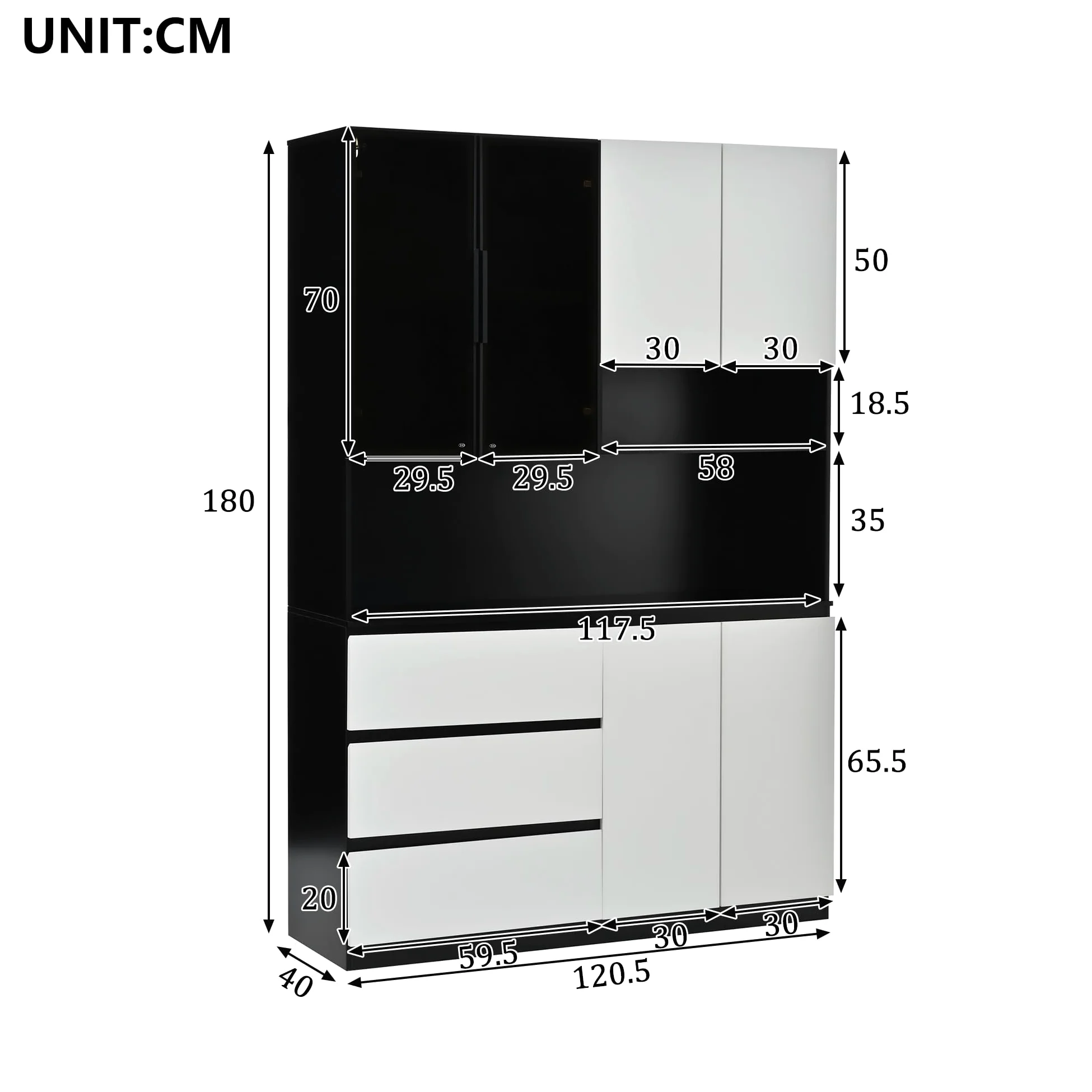 Armoire de cuisine avec éclairage 120,5 × 40 × 180 cm – Vitrine de cuisine avec 3 tiroirs et 6 portes, armoire de cuisine individuelle avec étagères, pour vaisselle et micro-ondes, blanc/noir