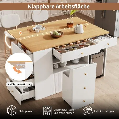 STAPERFO Îlot de cuisine avec tabourets de bar extensibles : armoire de cuisine, blanc, 140 x 40 (70) x 89 cm, buffet avec 6 tiroirs et roulettes, espace de rangement et tabouret comme rangement