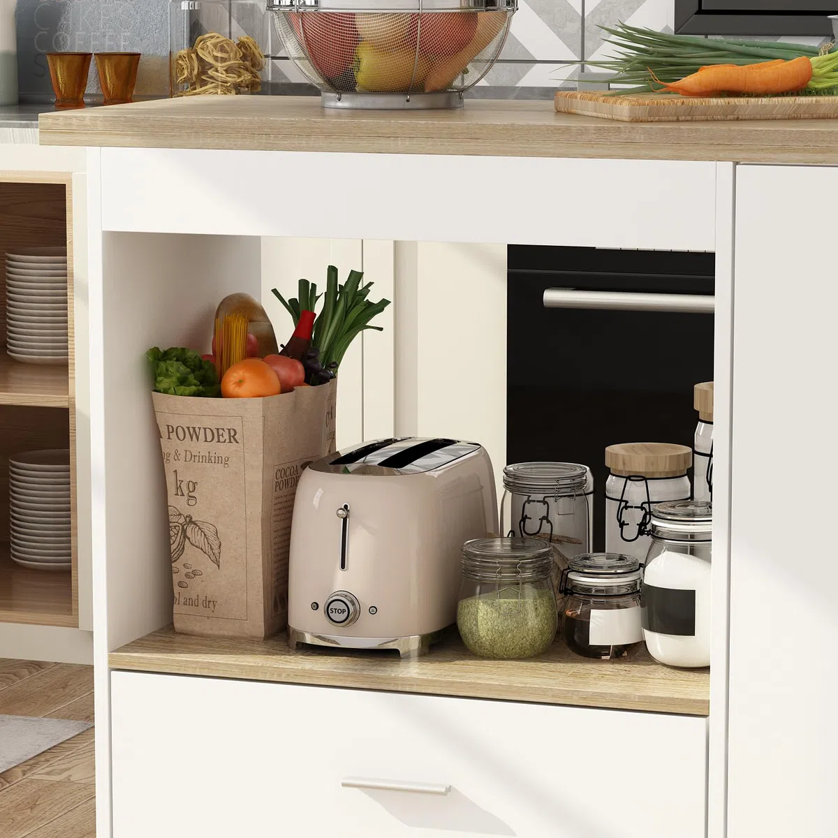 Buffet de Cuisine Blanc et chêne avec Plan de Travail, 150 cm