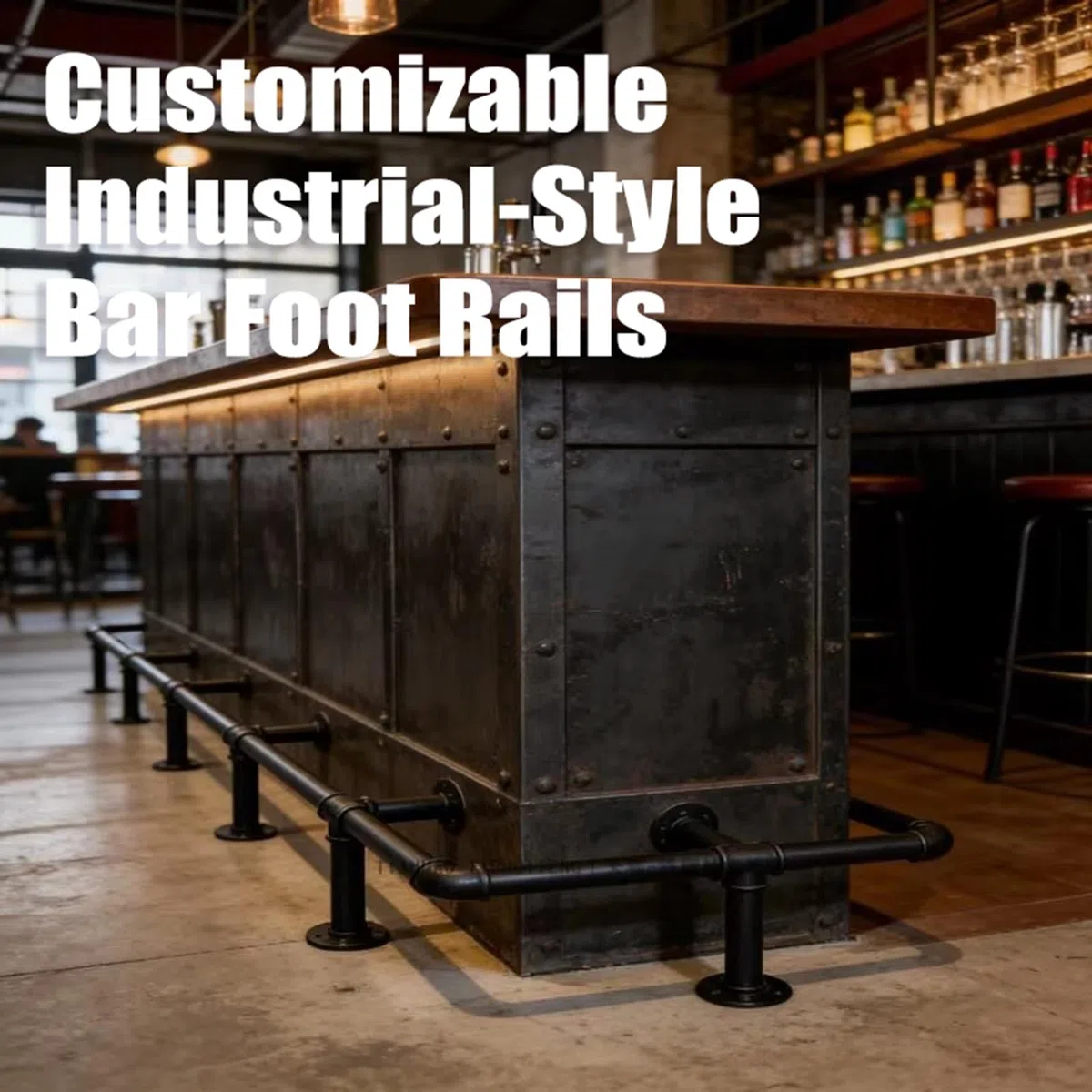 Repose-pieds de bar industriel réglable – Support noir mat revêtu de zinc de 1,5 m, support pour usage domestique et commercial, parfait pour les bars, les cafés et les cafés (4,5 m au choix)