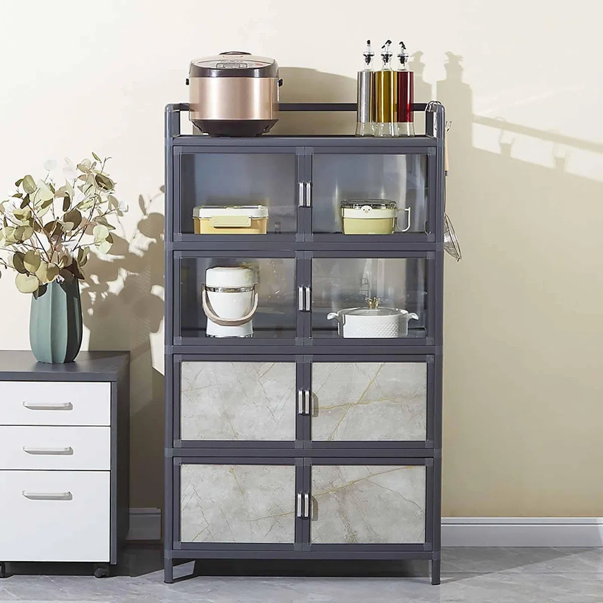 Meuble de Rangement Cuisine avec Portes, Armoire Alu Noire