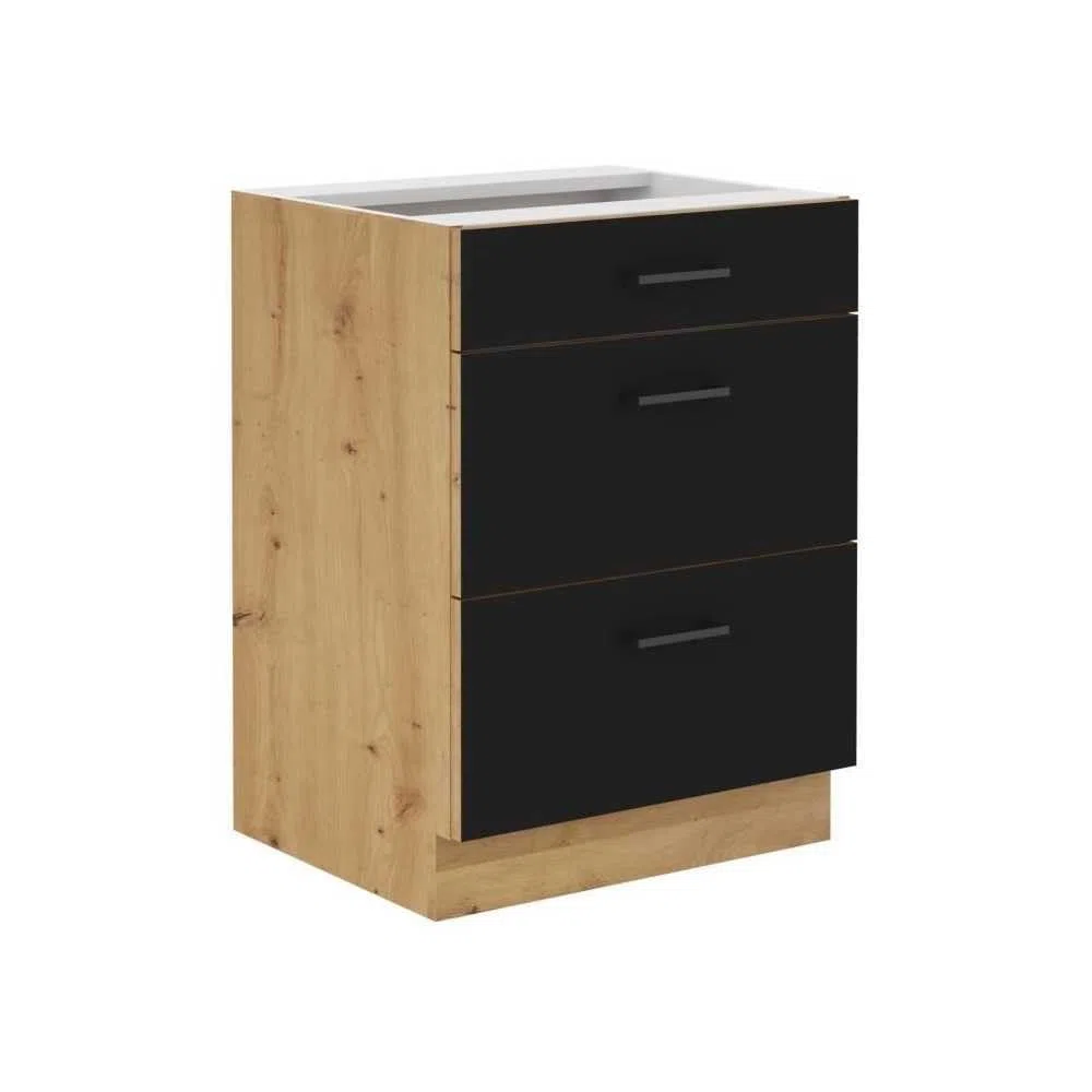 Meuble Bas casserolier - Modena - 60 cm - 3 tiroirs - Chene Artisan et Noir Mat