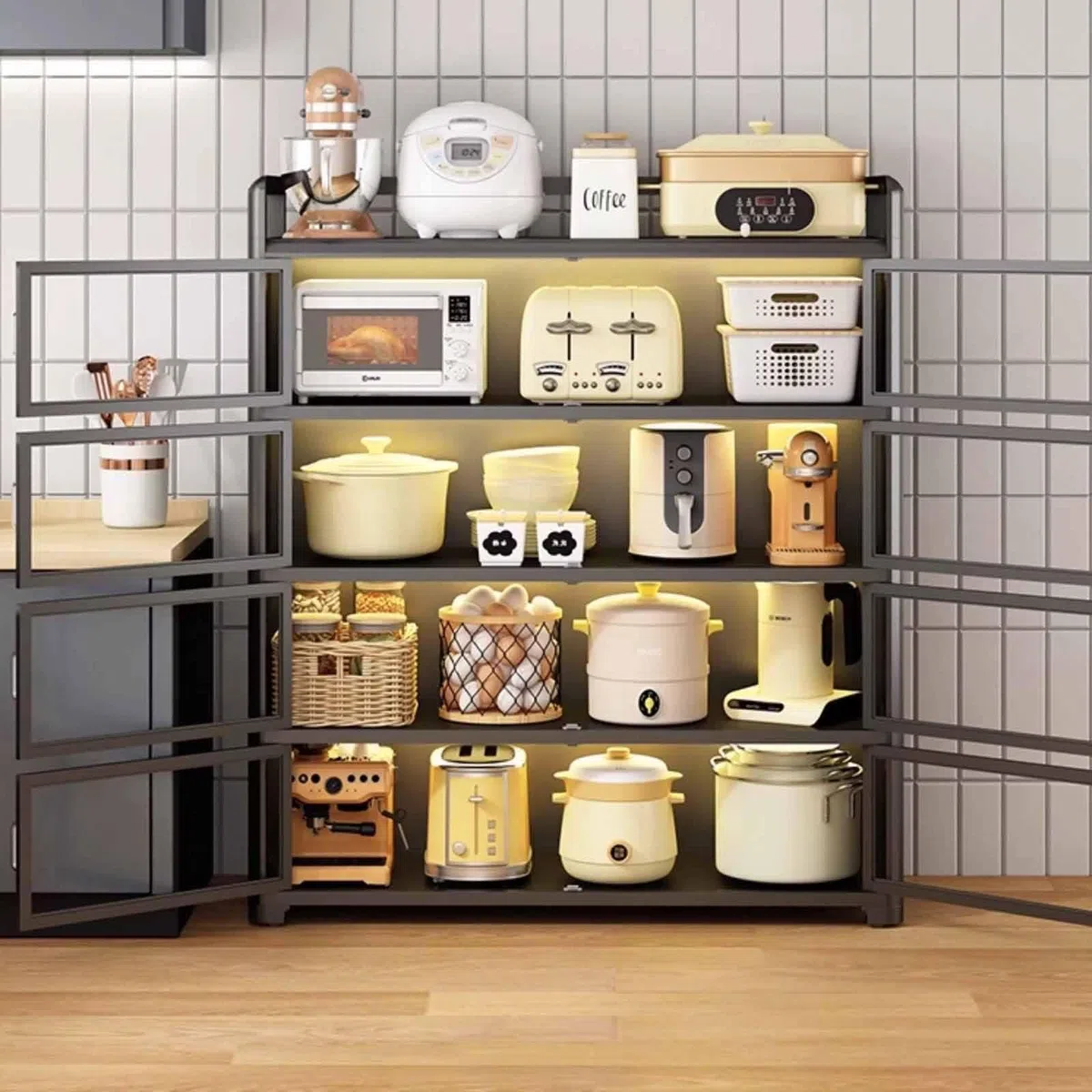 Meuble de Rangement Cuisine avec Portes Vitrées et roulettes, Multi-Niveaux