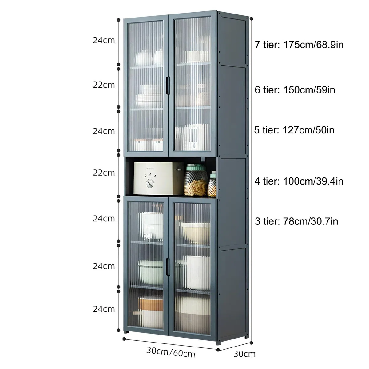 Meuble de rangement polyvalent autonome pour cuisine, garde-manger, buffet avec portes et étagères, idéal pour cuisine, salle à manger, salon, 60 x 30 x 175 cm