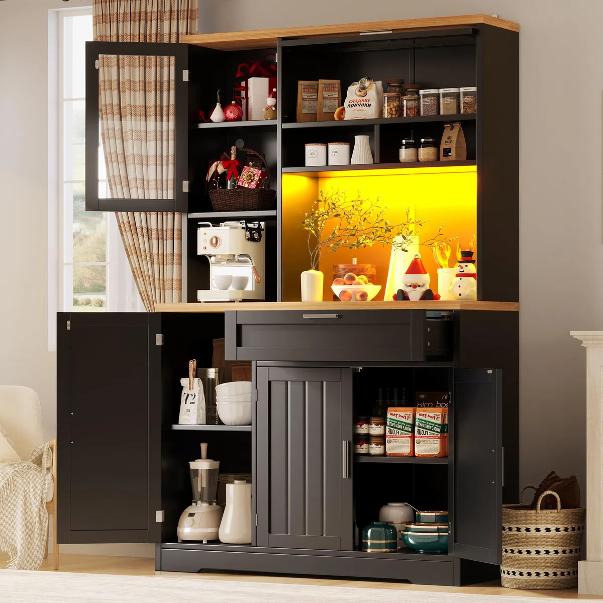 Armoire de cuisine haute avec éclairage LED, 104 x 40 x 180 cm, blanc et noir, vitrine avec portes en verre, pour cuisine, salon