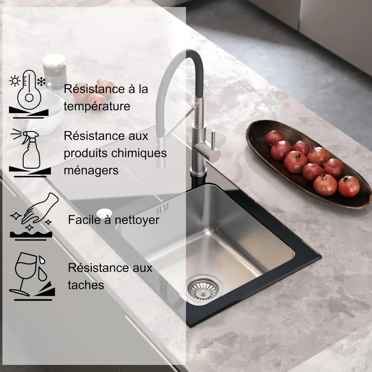 QUADRON Evier en verre Evier cuisine | Taille 77 x 44 x 19 cm, Couleur: Noir | HUGH 111 Verre trempé Evier monocuve | Evier de cuisine simple en acier inoxydable | evier cuisine 1 bac