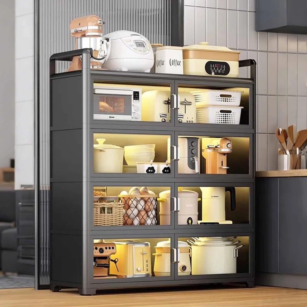 Meuble de Rangement Cuisine avec Portes Vitrées et roulettes, Multi-Niveaux