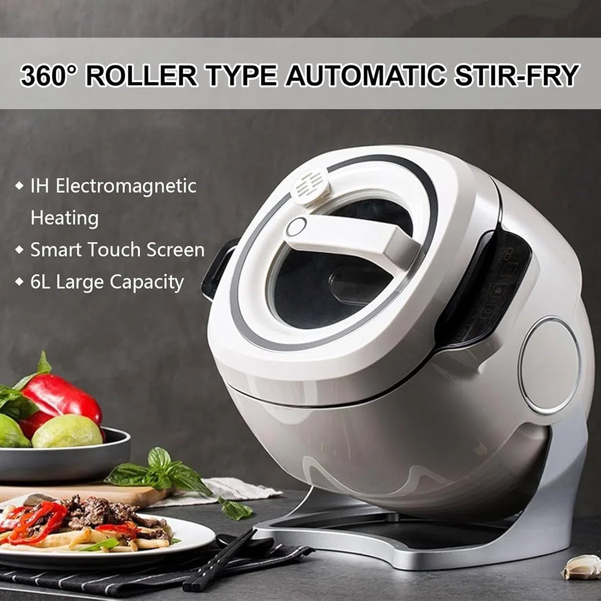 Machine De Cuisson Automatique, Machine à Riz Frit Au Wok De Cuisson De 6 L, Démarrage en Un Clic, Réglable à 3 Vitesses, Rotation Automatique à 360°, pour Sauté, Ragoût