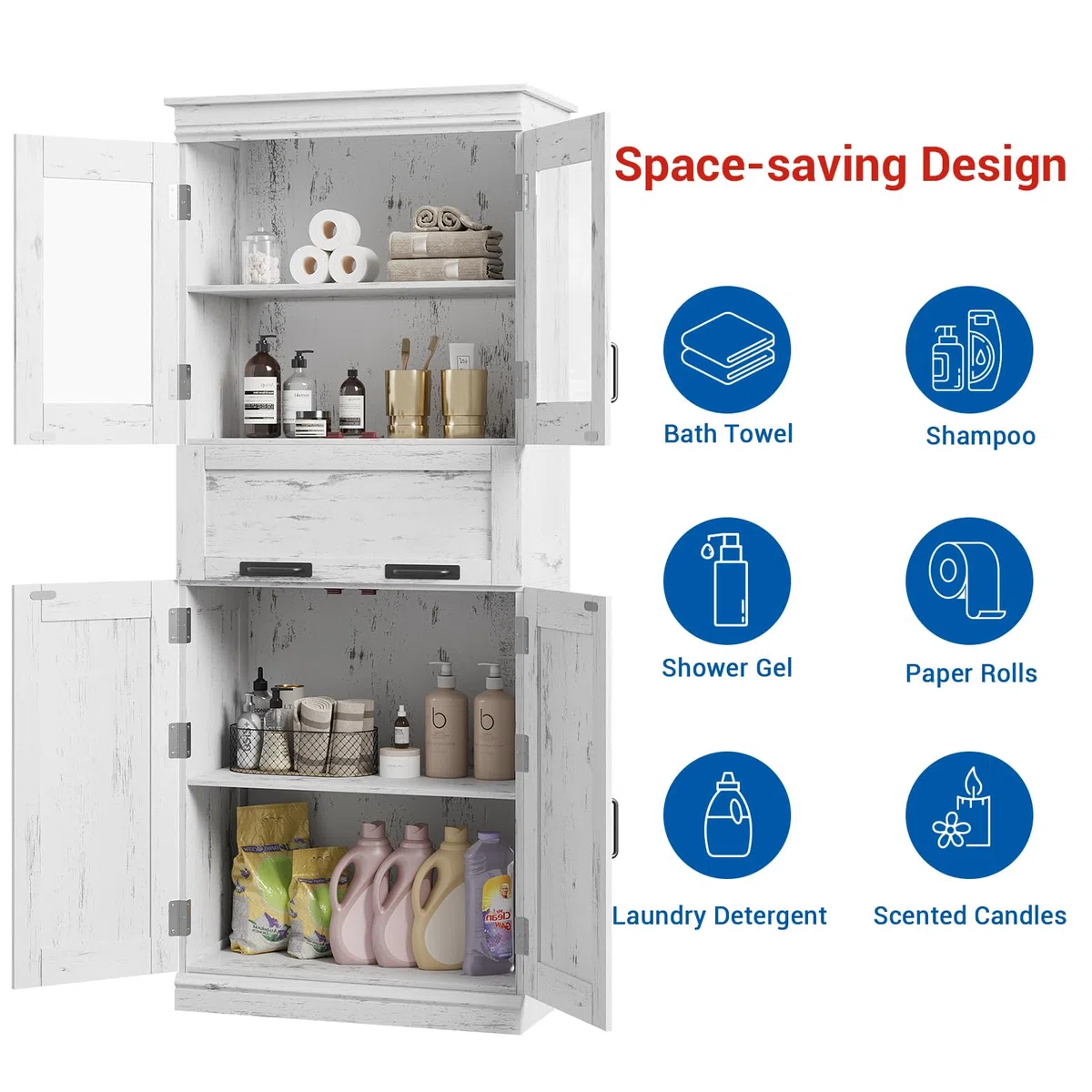 Garvee Armoire Haute Salle de Bain, Colonne, Meuble de Rangement à 4 Portes, Étagères Réglables Et Compartiments Tiroirs pour Cuisine, Salon 60x30x170cm