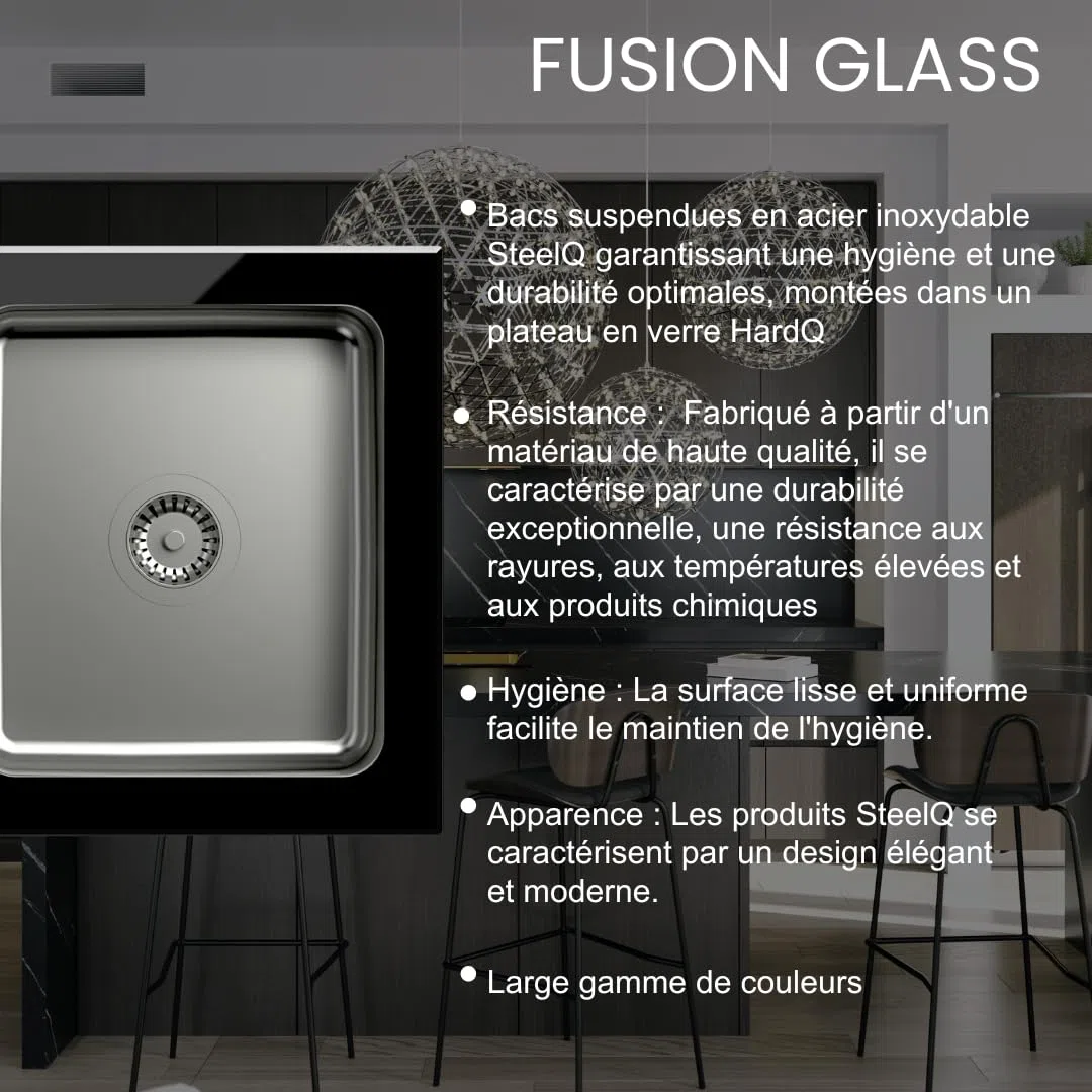 QUADRON Evier en verre Evier cuisine | Taille 77 x 44 x 19 cm, Couleur: Noir | HUGH 111 Verre trempé Evier monocuve | Evier de cuisine simple en acier inoxydable | evier cuisine 1 bac