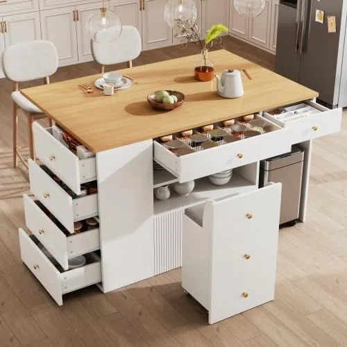 STAPERFO Îlot de cuisine avec tabourets de bar extensibles : armoire de cuisine, blanc, 140 x 40 (70) x 89 cm, buffet avec 6 tiroirs et roulettes, espace de rangement et tabouret comme rangement