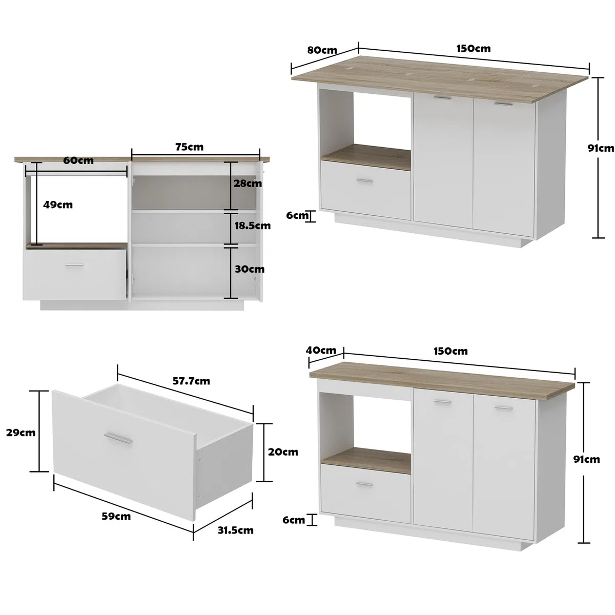 Buffet de Cuisine Blanc et chêne avec Plan de Travail, 150 cm