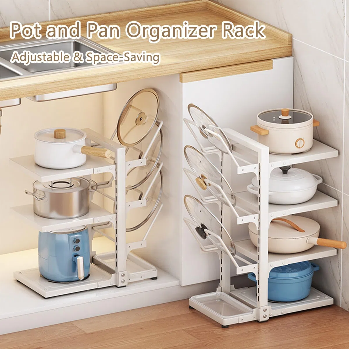 Support de rangement multifonctionnel réglable pour casseroles et poêles, support de casseroles sur pied pour armoire, supports de couvercles de casseroles avec bac de vidange, support de casseroles