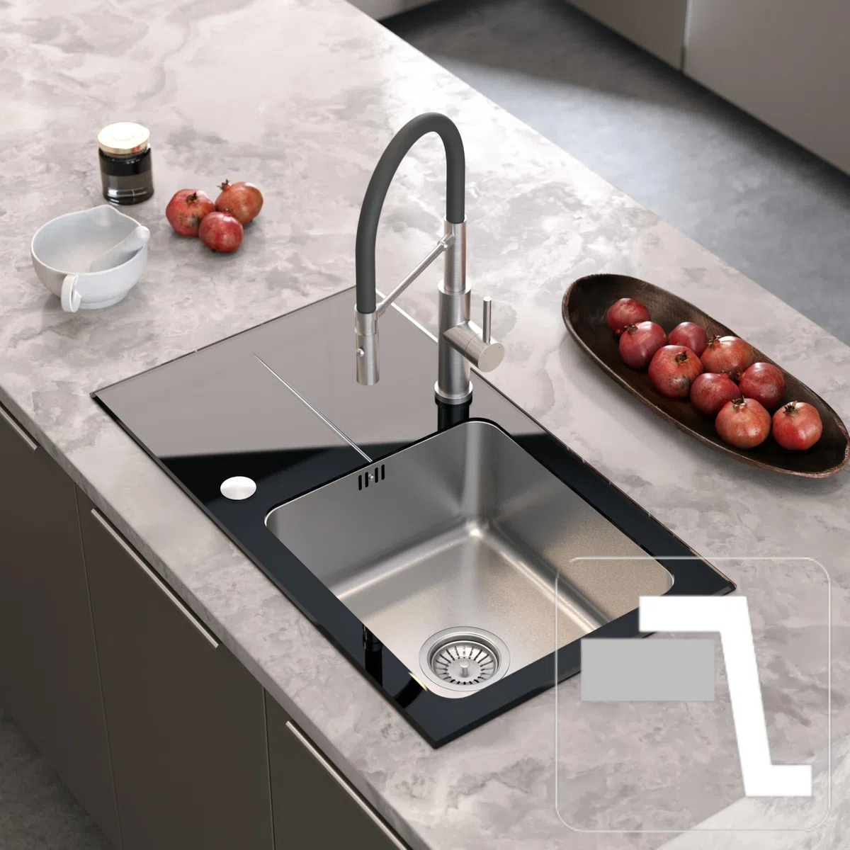 QUADRON Evier en verre Evier cuisine | Taille 77 x 44 x 19 cm, Couleur: Noir | HUGH 111 Verre trempé Evier monocuve | Evier de cuisine simple en acier inoxydable | evier cuisine 1 bac