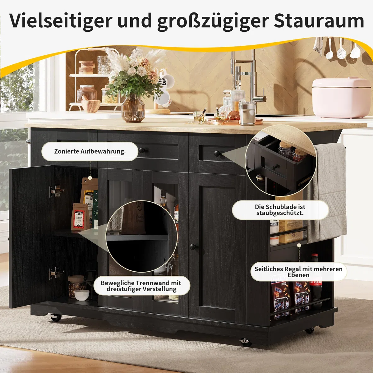 Chariot de cuisine avec roulettes, îlot de cuisine multifonction avec plan de travail, 3 tiroirs, cloisons amovibles, chariot de cuisine avec plan de travail pliable pour cuisine, salle à